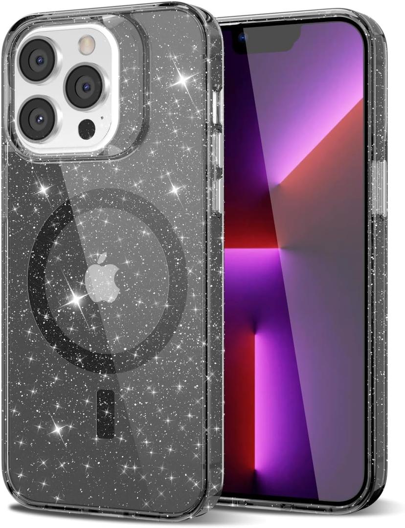 oakxco for iPhone 13 Pro Case Clear Glitter Compatible with Magsafe, Girly Sparkle Bling Magnetic Mag Safe 13 Pro Phone Case for Women, Cute Aesthetic Non-Yellowing, Black