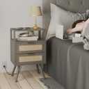Rattan Nightstand with Charging Station,Modern Bedside Table with 2 Storage Drawer and Open Wood Shelf, for Bedroom and Small Spaces,Night Stand with Solid Wood Legs (Grey Oak)