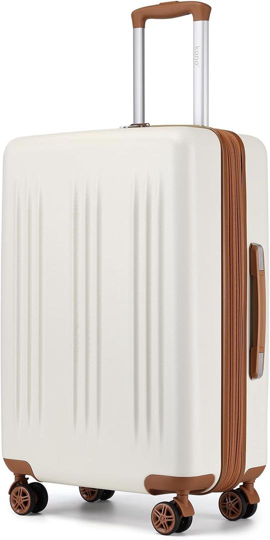 Kono Lightweight 28 Inch Expandable Luggage with Quiet Spinner Wheels TSA Lock, Scratch and Drop Resistant PC+ABS Hardside Durable Large Checked Suitcase, Cream White & Brown