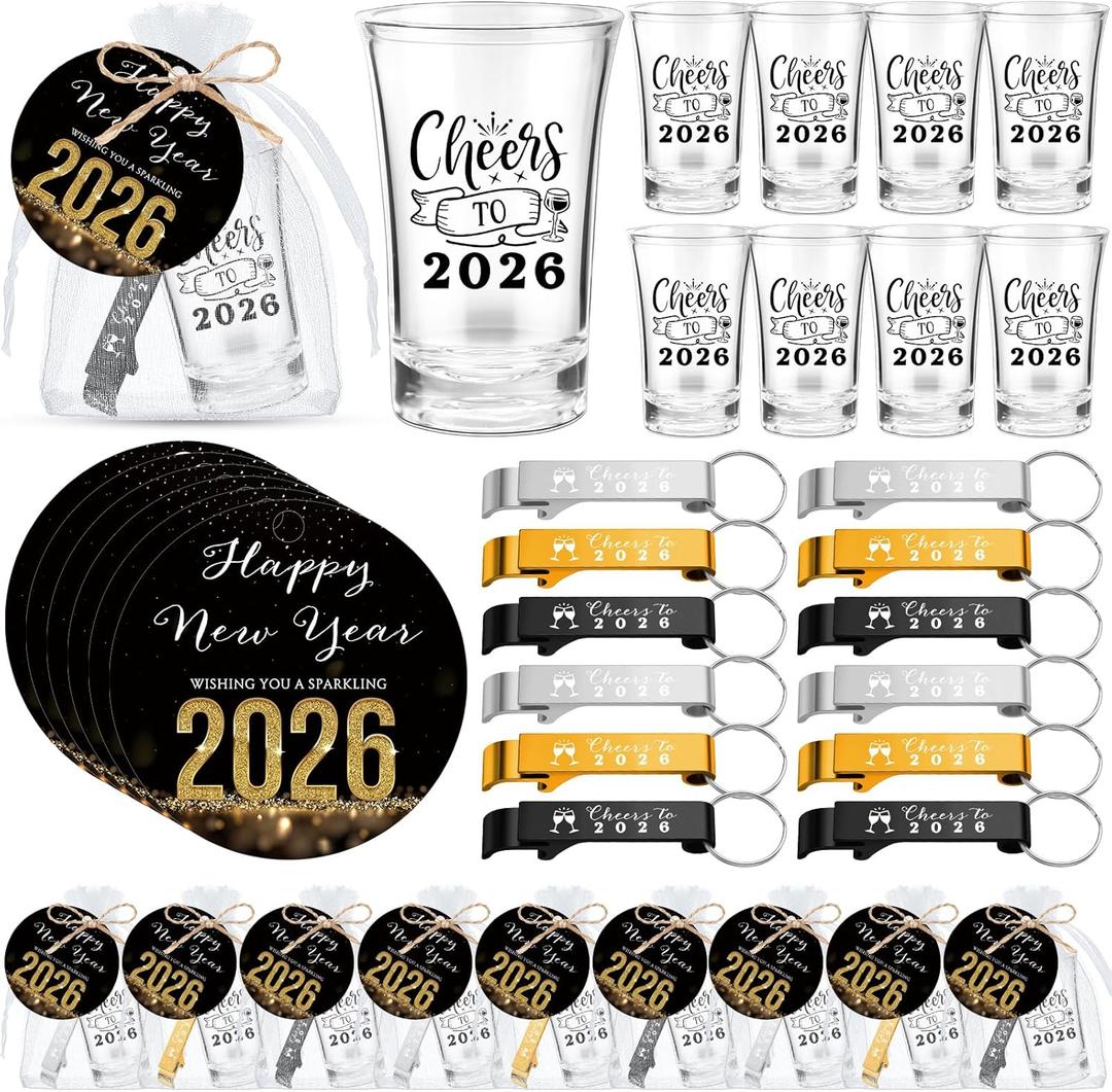 18 Sets Happy New Year's Eve Party Supplies Favor for Guest Personalized Bottle Opener Keychain Acrylic Clear Shot Glasses Cheer to 2026 Gift Cards for New Years Eve Party Decoration