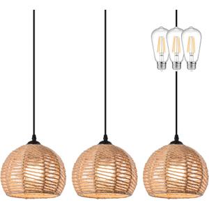 3 Pack Woven Pendant Light Boho Chandelier Dome Rustic Farmhouse Chandelier Hemp Rope Lights Rattan Light Fixture for Dining Room Living Room Bedroom Kitchen (Warm White Bulbs Incl.)