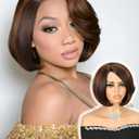 Quantum Love Highlight Bob Wig Layered Cut Mixed Brown Side Part Short Straight Glueless Bob Wigs for Women Realistic Hairline Synthetic Heat Resistant Fiber Hair