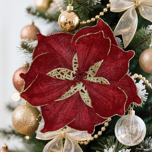 Alupssuc 16 PCS Poinsettia Christmas Flowers Artificial, Glitter Magnolia Poinsettia Flowers Artificial, Sparkling Christmas Decorations for Xmas Tree Party Wreath Fireplace, Burgundy