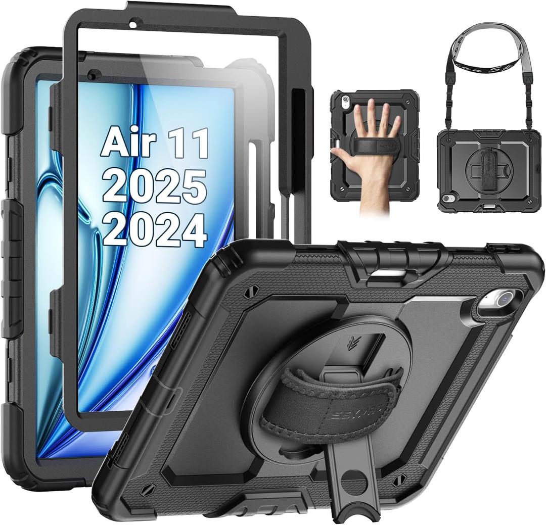 SEYMAC Case for iPad Air 11 Inch M3 2025/M2 2024 (Air 7th/6th Generation), Heavy Duty Shockproof Protective Case with Screen Protector, Rotating Stand and Hand/Shoulder Strap, Black