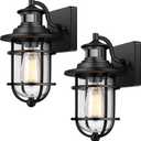 Set of 2 Motion Sensor Outdoor Wall Lantern Dusk to Dawn Waterproof Exterior Wall Sconce With Seeded Glass Black Wall Mount Light Fixture for Porch Doorway Garage, E26 Socket, Motion Activated