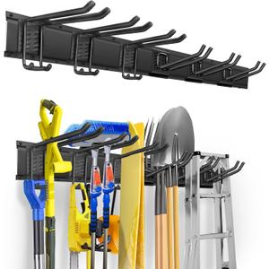 Garden Tool Organizer Wall Mount, Heavy Duty 48 Inches Garage Organization and Storage Racks for Yard Tools with 6 Hooks, Tool Hangers Holders for Hanging Folding Chair, Rake and Shovel
