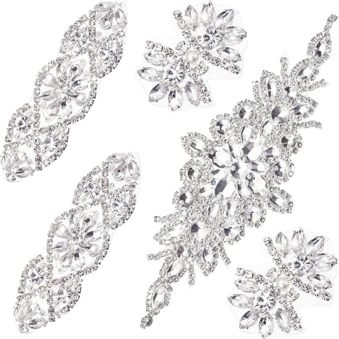 Juinte 5 Pcs 3 Size Crystal Rhinestone Applique Lengths 1.77 3.94 9.84 Inches Silver Appliques Wedding on Rhinestone Sash Hair Applique for Clothes Bridal Wedding Dress Shoes(Silver)