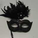 2025 New Masquerade Mask for Women with Stick - Shiny Women's Feather Mardi Gras Venetian Mask for Costume Accessory (Black)
