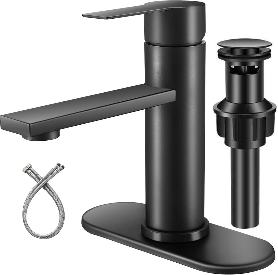 Black Bathroom Faucet Single Hole Single Handle Vanity 304 Material Modern Commercial RV Faucet with Pop-up Drain for 1 or 3 Hole (short, Black)