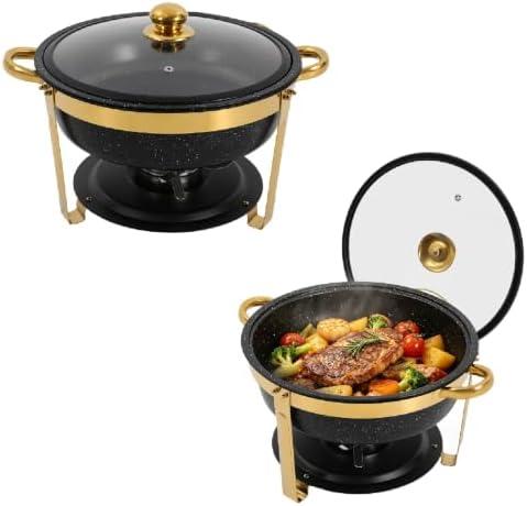 Dziwenul 2-Pack Round Chafing Dishes, Buffet Food Warmers Sets, BlackGold | 5 QT per Volume, Stainless Steel & Tempered Glass for Dining Hall, Party, Wedding, Buffet, Banquet to Hold Warm & Cold Food