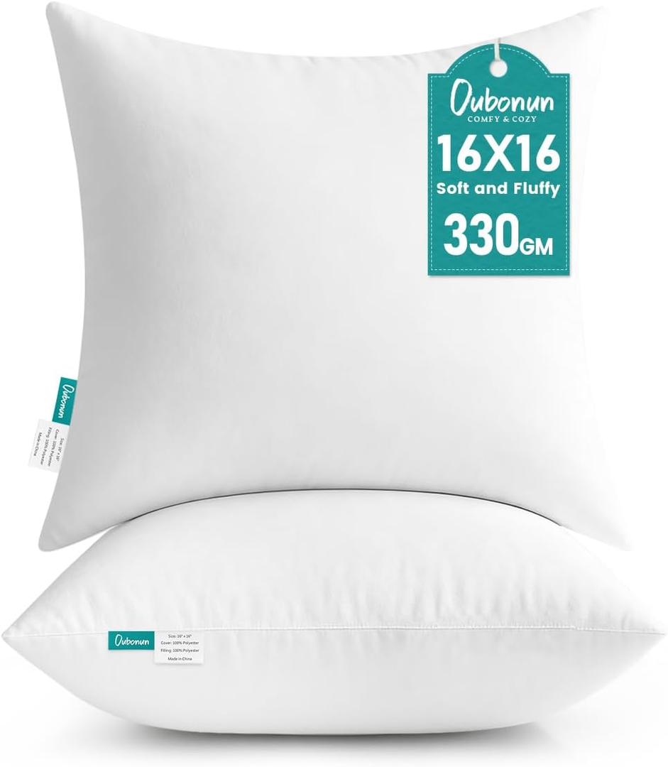 Oubonun 16 x 16 Throw Pillow Inserts - Soft, Plush & Decorative Down Alternative Pillows for Couch Sofa Bed, Machine Washable - White, Pack of 2