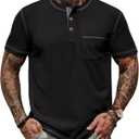 Mens Henley Shirts Casual Waffle Stretch Summer T-Shirt with Pocket (S-XXL) (Black, XXL)