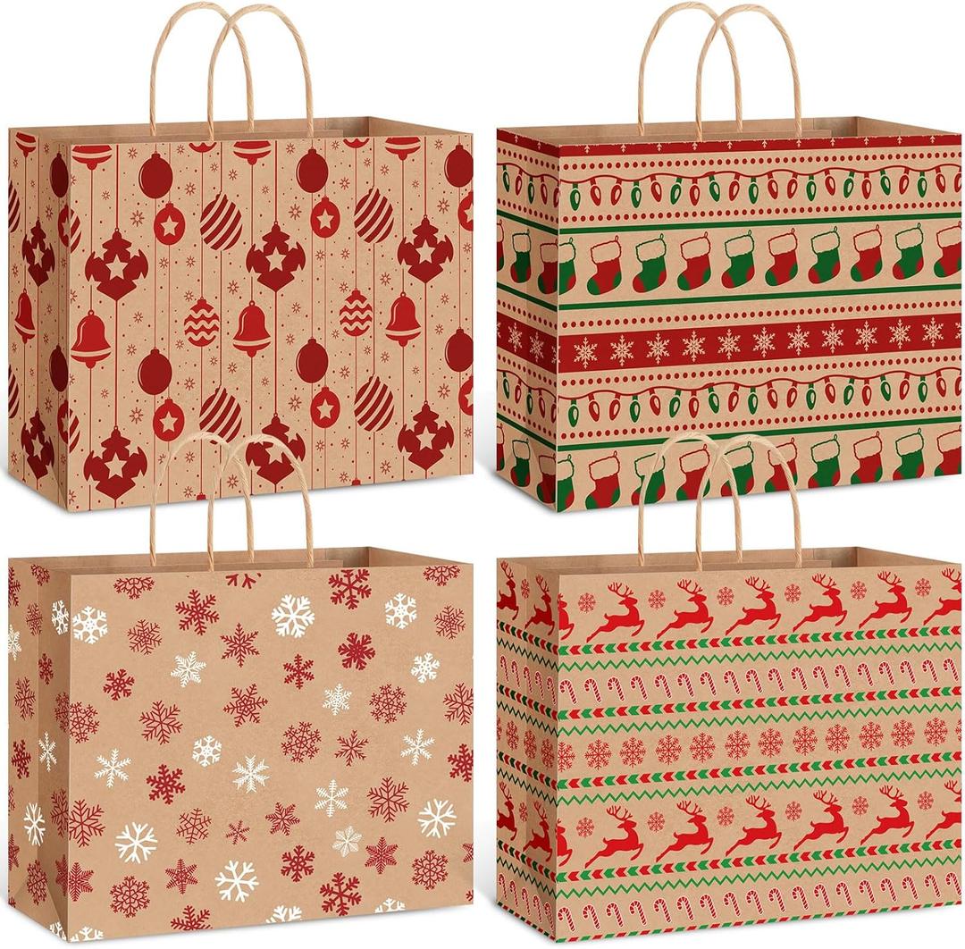 Gueevin 24 Piece Large Christmas Kraft Gift Bags with Handle 12.5 x 10 x 4.5 Inch Xmas Holiday Paper Treat Candy Goodie Bags with Snowflake Elk Socks Patterns for Christmas Party Favor Present Giving