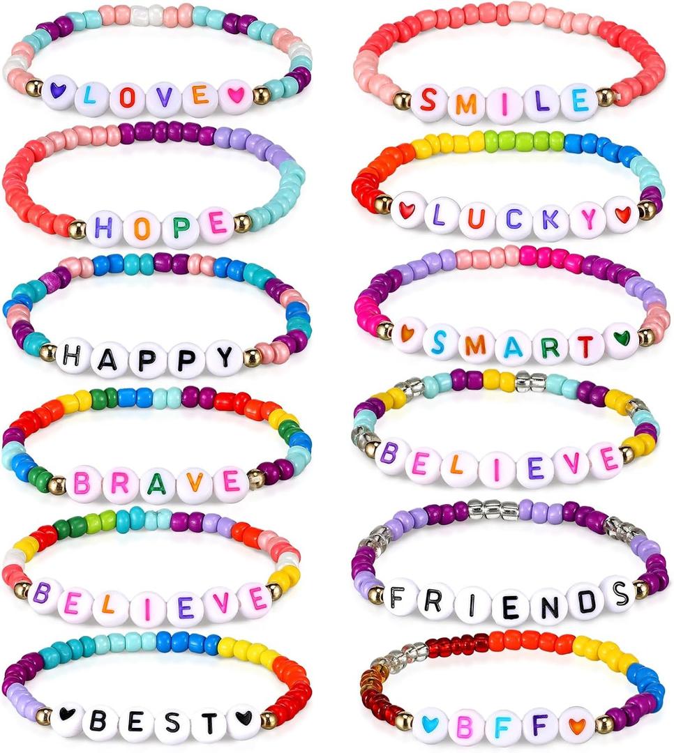 Bonuci 12 Pcs Kids Friendship Bracelets for Girls Motivational Letter Beads Bracelets Bulk for Girls Toddler Jewelry Gifts