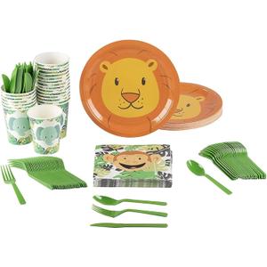 BLUE PANDA - Animal Party Supplies - Serves 24 - Includes Plates, Knives, Spoons, Forks, Cups and Napkins. Perfect Pack for Kids Themed Birhtday - Lion Plates - Kid - Fork Spoon