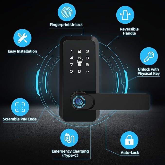GOLDENKEY Biometric Fingerprint Door Lock with Handle, Digital Keyless Door Lock with Touchscreen Keypad&Passcode