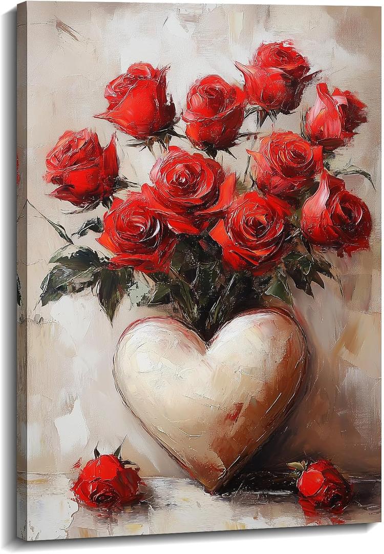 Red Rose Wall Art Romantic Valentines Canvas Prints Rustic Flowers with Love Vase Picture Vintage Painting Bathroom Living Room Bedroom Wall Decor Framed(16.00"x24.00")