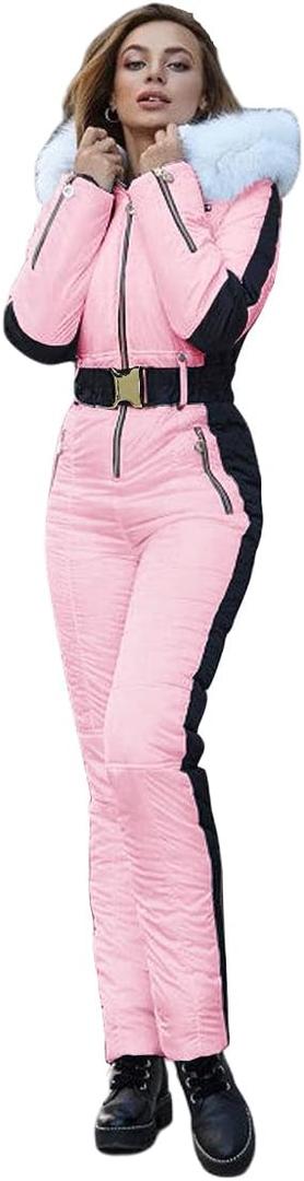 Yousify Womens Snow Suits Winter Ski Suit Onesie Outdoor Sports Waterproof Snowsuit Removable Faux Fur Collar Coat Jumpsuit, Pink Medium