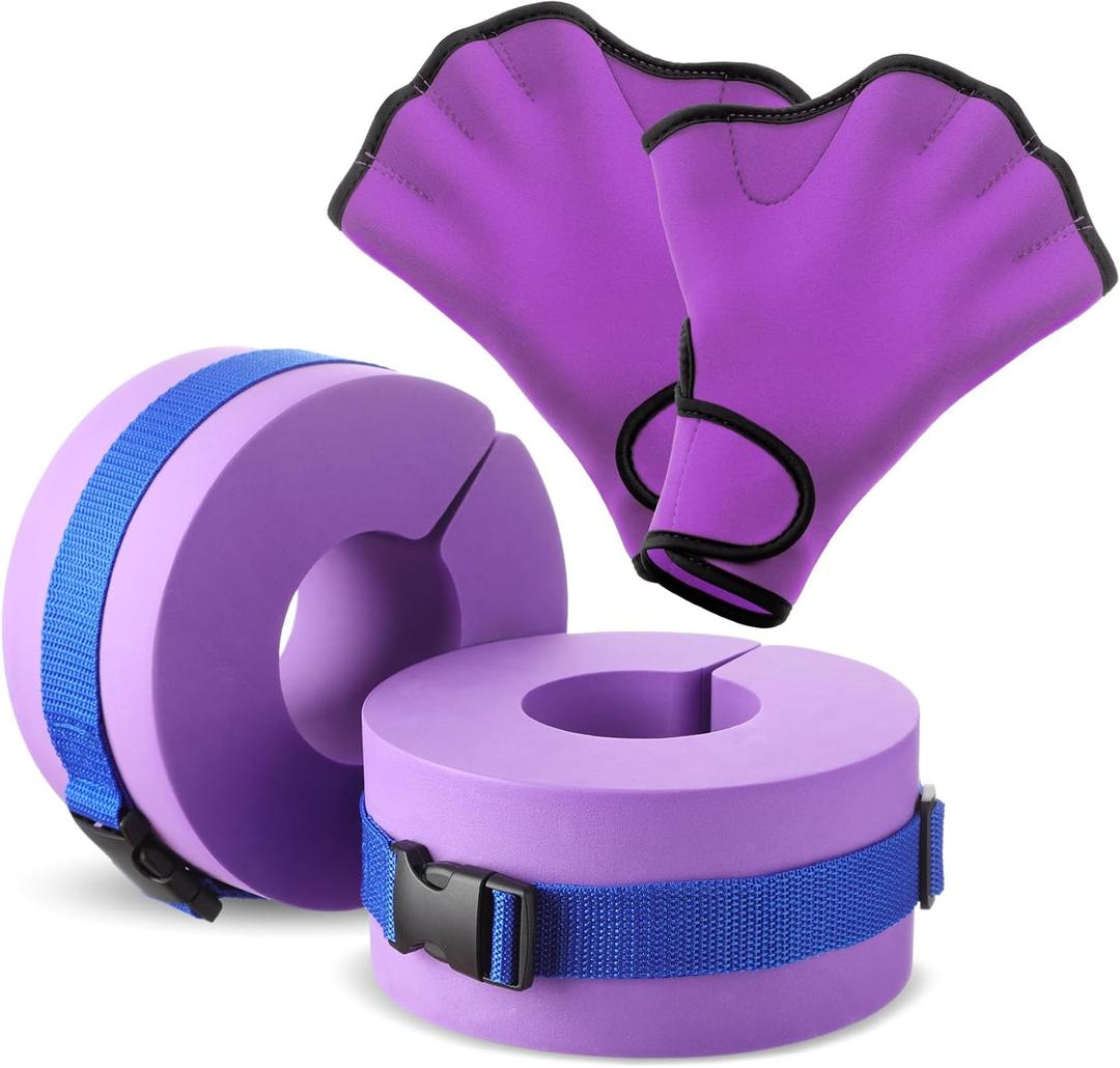 Hungdao Water Aerobics Set for Aquatic Exercise 1 Pair Swimming Glove 2 Pcs Foam Swim Aquatic Cuffs Water Weights Pool Resistance Fitness Equipment for Adults Swimming Training Workouts (Purple)