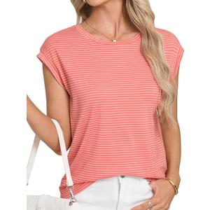 LA BAISEO Womens Casual Cap Short Sleeve Striped Tops Summer Open Back T-Shirts Crew Neck Basic Shirts (US, Alpha, Small, Regular, Regular, Orange)