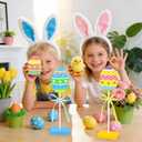 2 x 3 Pcs Easter Table Decorations, Easter Tiered Tray Decor, Colorful Wooden Easter Eggs Signs, Glitter Easter Decoration Farmhouse Tabletop Centerpiece for Home Kitchen Office Spring Party