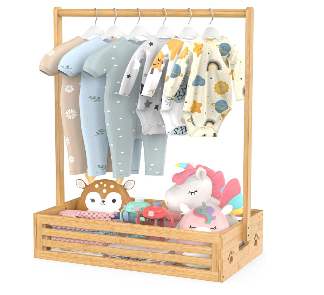 BAMBOOHOMIE Kids Clothing Rack for Toddler, Pets Clothes Rack with Storage Box & Hanging Rod for Dogs/Cats, Baby Clothes Closet Stand for Nursery Room (Natural, Kids)
