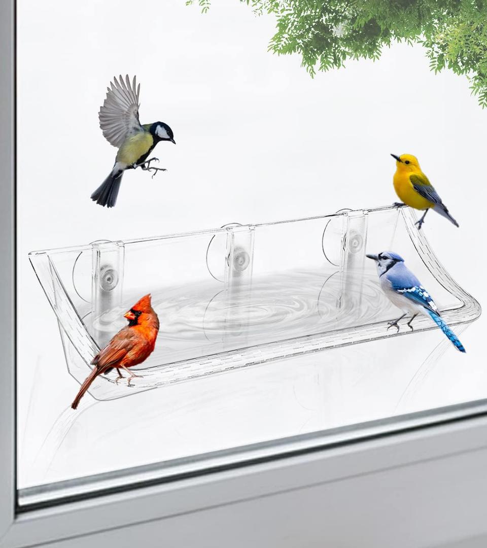 Clear Window Mounted Bird Feeder Bath with Strong Suction Cups for Outside, Transparent Glass Birdfeeder Birdbath for Cats, Kids, Elderly Viewing, 1 Pack