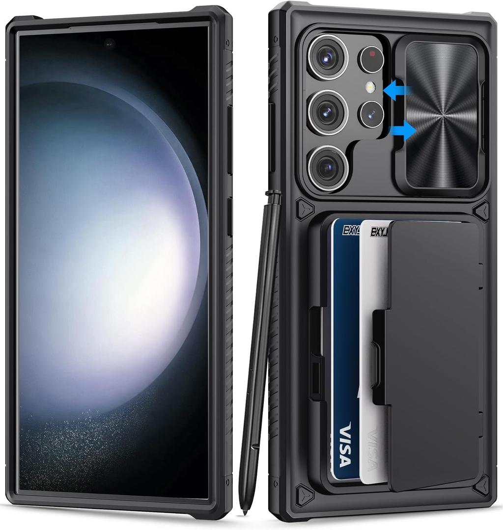 for Samsung Galaxy S23 Ultra Case with Card Holder & Kickstand & Slide Camera Protector, Military Grade Drop Shockproof Silicone Wallet Phone Case Cover for Galaxy S23 Ultra 5g 2023, Black