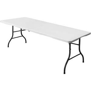 8ft Folding Table, Portable Heavy Duty Plastic Fold-in-Half Utility Table for Indoor/Outdoor Use, Dining, Camping, Picnic, Party, White
