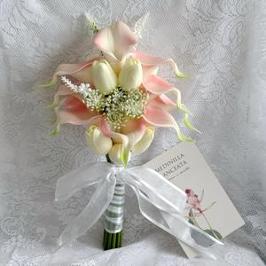 Floral Bouquet 12 Artificial Calla Lilies with 8 Artificial Tulip Flowers, Bridesmaid Bouquet with Wedding Ceremony Festivals Anniversary Bridal Rehearsal Party Bar Table Decor(Cream and Pink)
