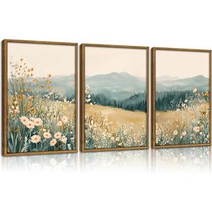 Framed Boho Mountains Flower Canvas Wall Art Daisy Wildflower Landscape Pictures Wall Decor Abstract Watercolor Floral Painting Green Natural Scenery Poster Artwork for Living Room Bedroom Office