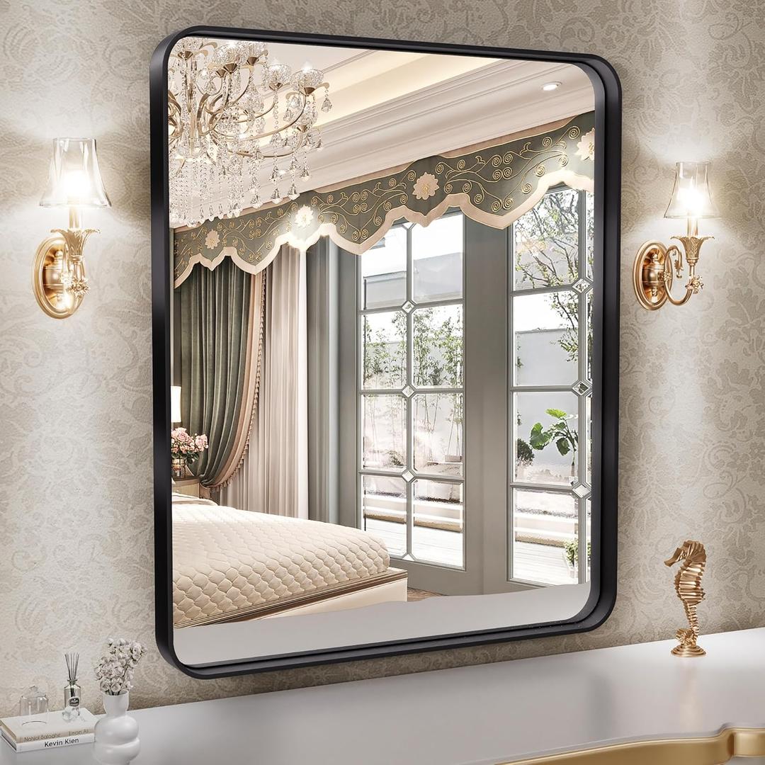 Hasipu Black Bathroom Mirror for Vanity 2224 Inch Round Corner Rectangle Wall Mirror Metal Framed Anti Rust Surface Mount (Horizontal/Vertical) (24"L x 22"W)
