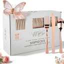 WDF 300 Pieces Rose Gold Plastic Silverware- Disposable Flatware Set - Heavy Duty Plastic Cutlery Includes 100 Forks, 100 Spoons, 100 Knives Perfect for Wedding/Party/Birthday/Mother's Day