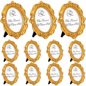 10 Pcs Gold Mini Picture Frames Pack 2 x 3 Inch Small Vintage Antique Ornate Retro Baroque Photo Frames with Backboard for Wall Hanging Tabletop Display Wedding Christmas Decor (Oval)