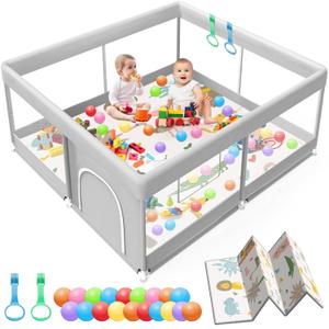 Baby Playpen with Mat, 50x50 Inch Playpen with Mat Waterproof for Babies and Toddlers Play Pen Playards Safety Gate Fence Active Center Indoor (Dark Grey + Mat)