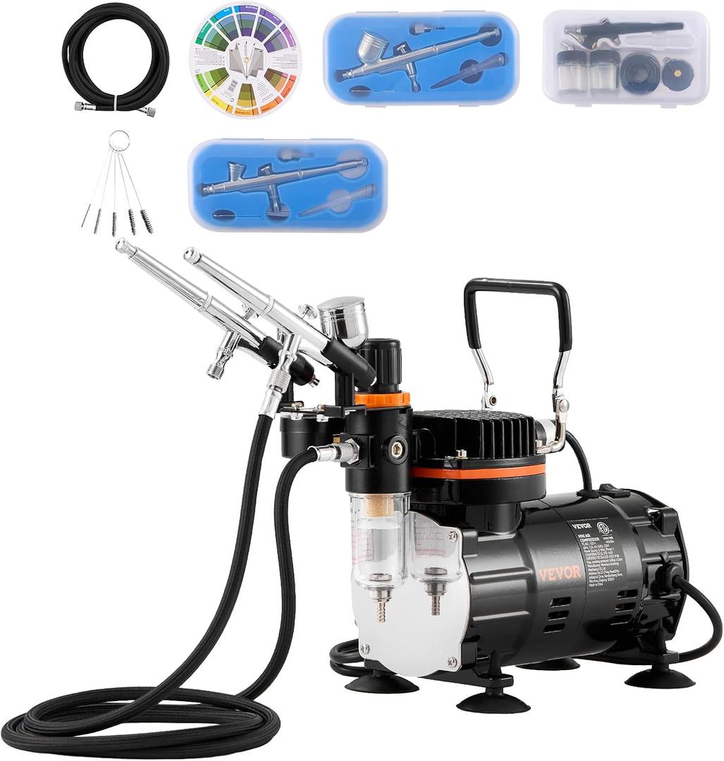 VEVOR Airbrush Kit, Professional Airbrush Set with 1/5 HP Compressor & 3 Airbrushes, Airbrushing System Kit with Multi-Purpose Dual-Action Gravity Feed Airbrushes, Art Nail Cookie Tatto