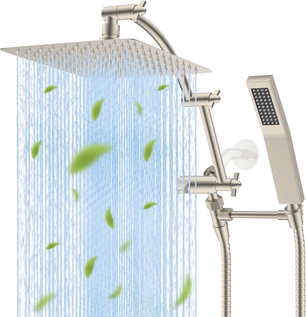 Hibbent All Metal 10'' Rainfall Shower Head, Dual Shower Head Combo, High Pressure Handheld Shower Wand, 16'' Adjustable Arc-shaped Shower Extension Arm, 71'' Hose, Showerhead Holder, Brushed Nickel Finished 