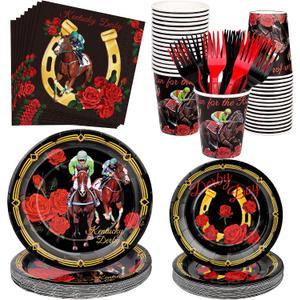 Kochorie 144 Pieces Kentucky Derby Horse Racing Party Tableware Sets Including Disposable Plates Napkins Cups Forks Serves 24 for Derby Day Horse Theme Party Supplies