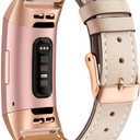 Mornex Leather Band Compatible with Fitbit Charge 3 and Charge 4, Metal Rose Gold Connectors and Apricot Leather
