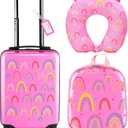Sanwuta 4 Pcs Kids Luggage Set Backpack Travel Rolling Suitcase U-shape Pillow Christmas Children Gift for Girls Boys(17 Inch,Rainbow Style,Pink)