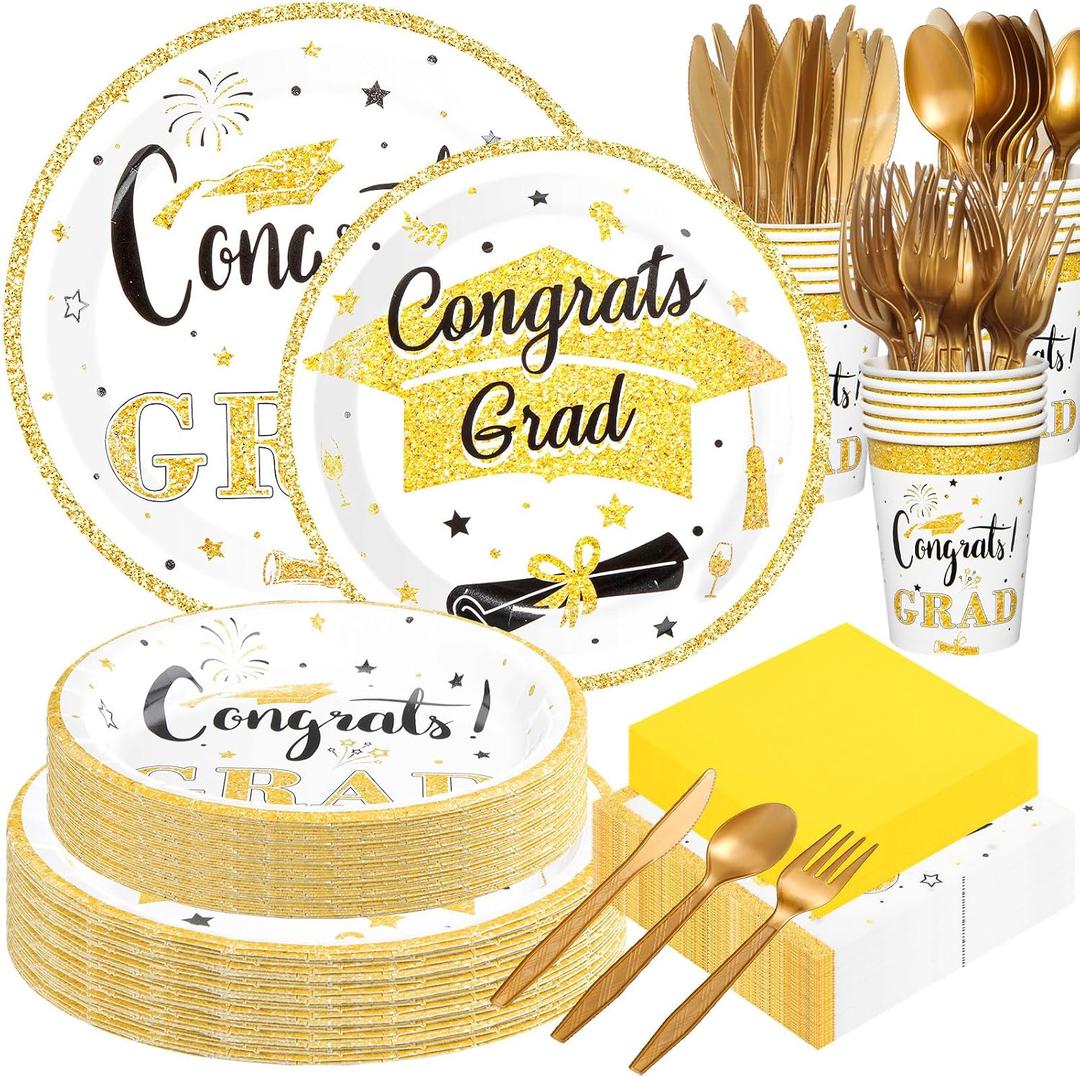Domensi 400 Pcs 2026 Graduation Decorations Plates and Napkins and Cups Set Serve 50, White and Gold Graduation Party Supplies, Class of 2026 Paper Tableware 9oz Cup Knife Fork Spoon Congrats Grad