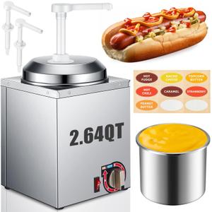 Nacho Cheese Dispenser with 2 Pcs Pump, 2.64 Qt Stainless Steel Hot Fudge Sauce Warmer with 6-Level Temperature Control, Nacho Cheese Machine for Hot Fudge, Chocolate, Caramel