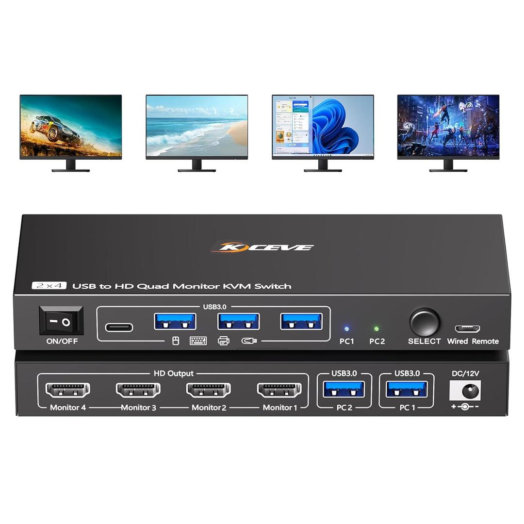 Quad Monitor KVM Switch 4 Monitors 2 Computers 1080P@60Hz,USB 3.0 KVM Switch Quad Monitor for 2 PC Share 4 Monitors and 4 USB Device,with Wired Remote and 2 USB Cables,Driver Installation is Required