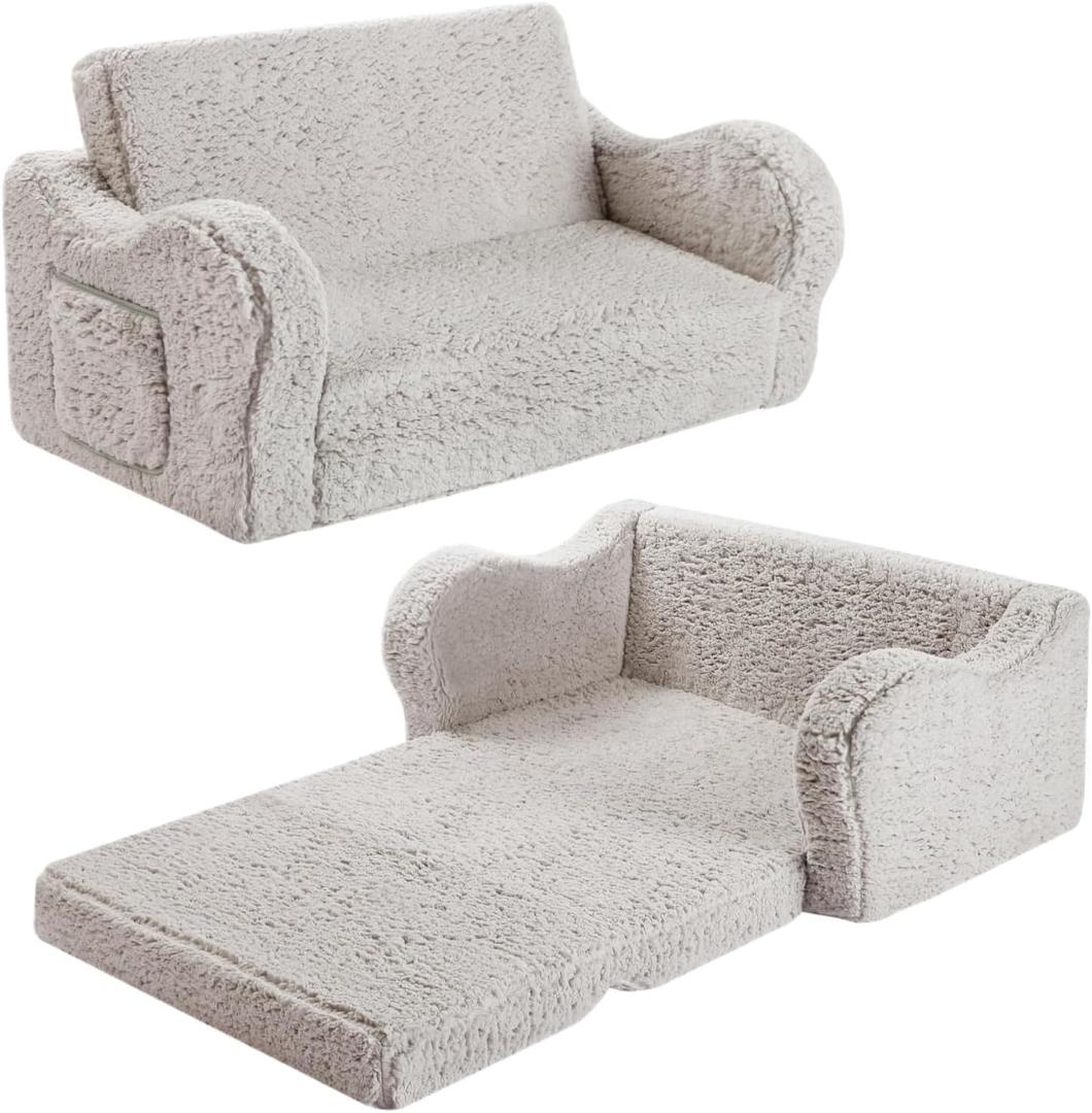 MOMCAYWEX Kids Sofa, 2-in-1 Flip-Out Foam Couch, Soft Play Lounge Chair for Toddlers and Children, Extra Wide, Grey (Large)