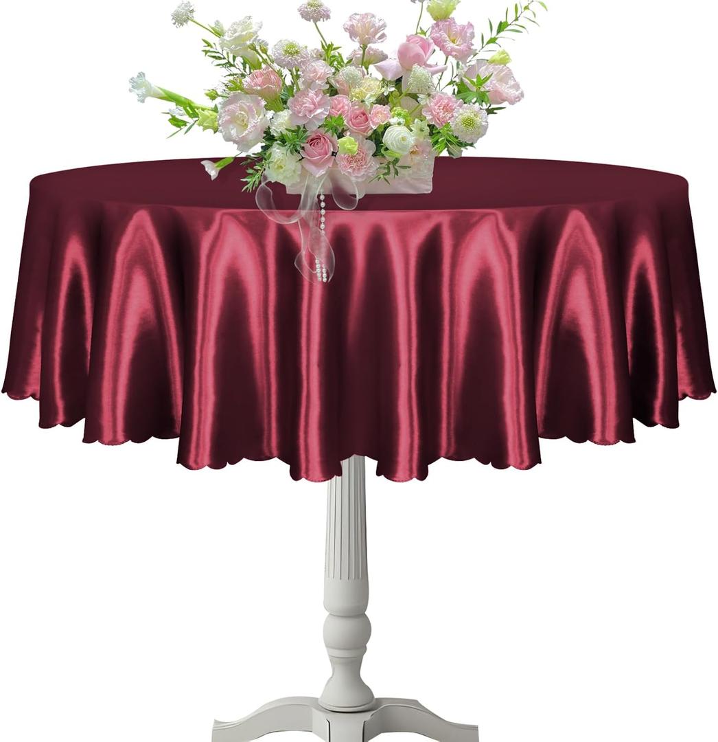 KKJIAF 1 Pack 60 Inch / 5ft Round Table Cloth, Burgundy Overlay Round Satin Table Cover, Silky Satin Dining Tablecloths for Wedding Buffet Parties Banquet Decoration