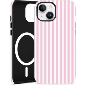Jusy Compatible with MagSafe Striped Phone Case for iPhone 15, Cute Aesthetic Magnetic Soft TPU and Hard PC Protective Phone Cover for Women Girls (Matte) - Pink and White