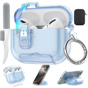 Valkit Compatible with Apple Airpods Pro 3 Case 2025, Clear Magnetic Automatic Lock Cases with Phone Stand &Cleaning Kit for Air pod Pro 3 Gen, iPods Pro 3 Earbuds Keychain Case for Airpod Pro 3, Blue