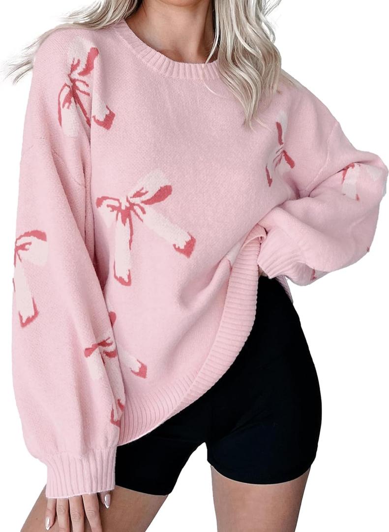 Womens Oversized Bow Sweater Cute Love Heart Print Preppy Pullover Top Chuncy Knit Long Sleeve Valentines Day Sweaters (Small)