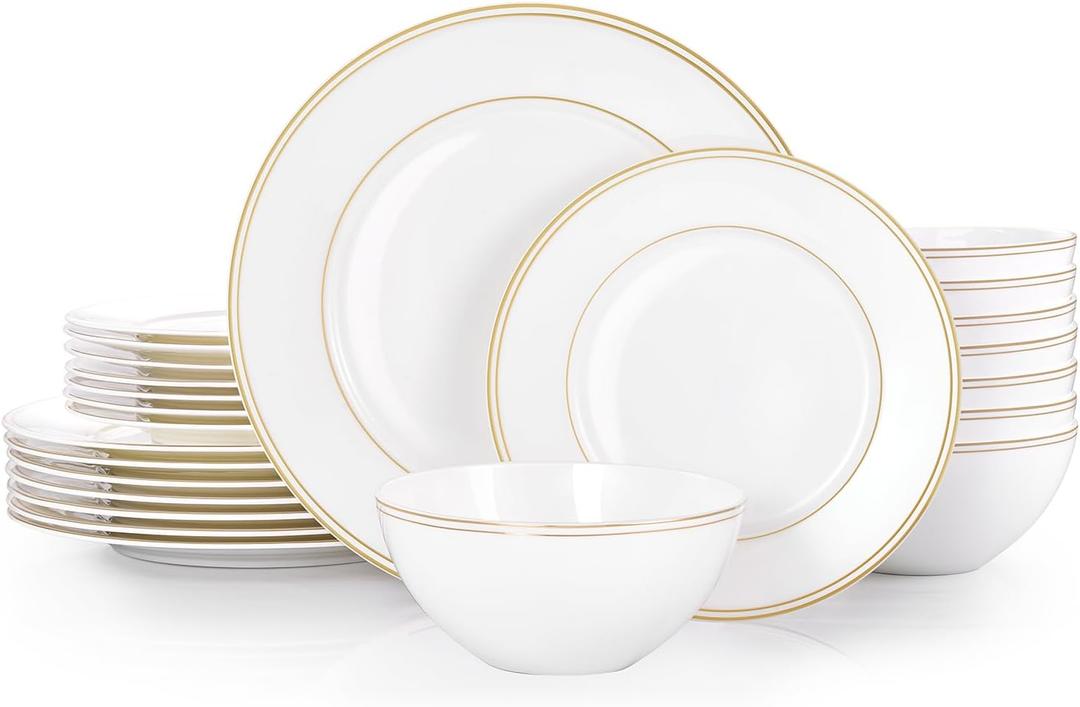 KINGSTONE Bone China Dinnerware Sets, 24-Piece Dishes Set for 8, Elegant Gold Trim Ceramic Plates & Bowls, Luxury Gift, Lightweight Translucent Dishware for Family Dining, Festival Banquet & Party