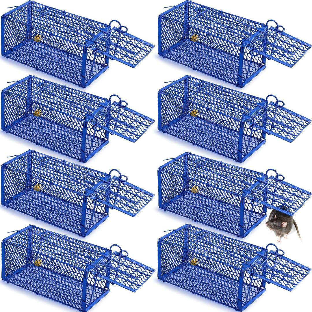 Qualirey 8 Pcs Humane Rat Trap Chipmunk Squirrel Cage Trap 4.33 x 4.33 x 9.06 Inches Foldable Rodent for Small Live Animal Voles Hamsters Catch and Release for Kitchen Yard Garage (Blue)